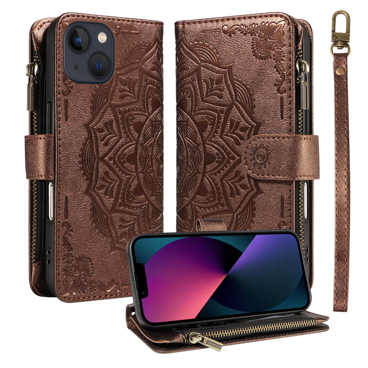 For iPhone 13 Wallet Case 9 Card Slots RFID Blocking Mandala Embossed Leather Flip Cover with Wrist Strap