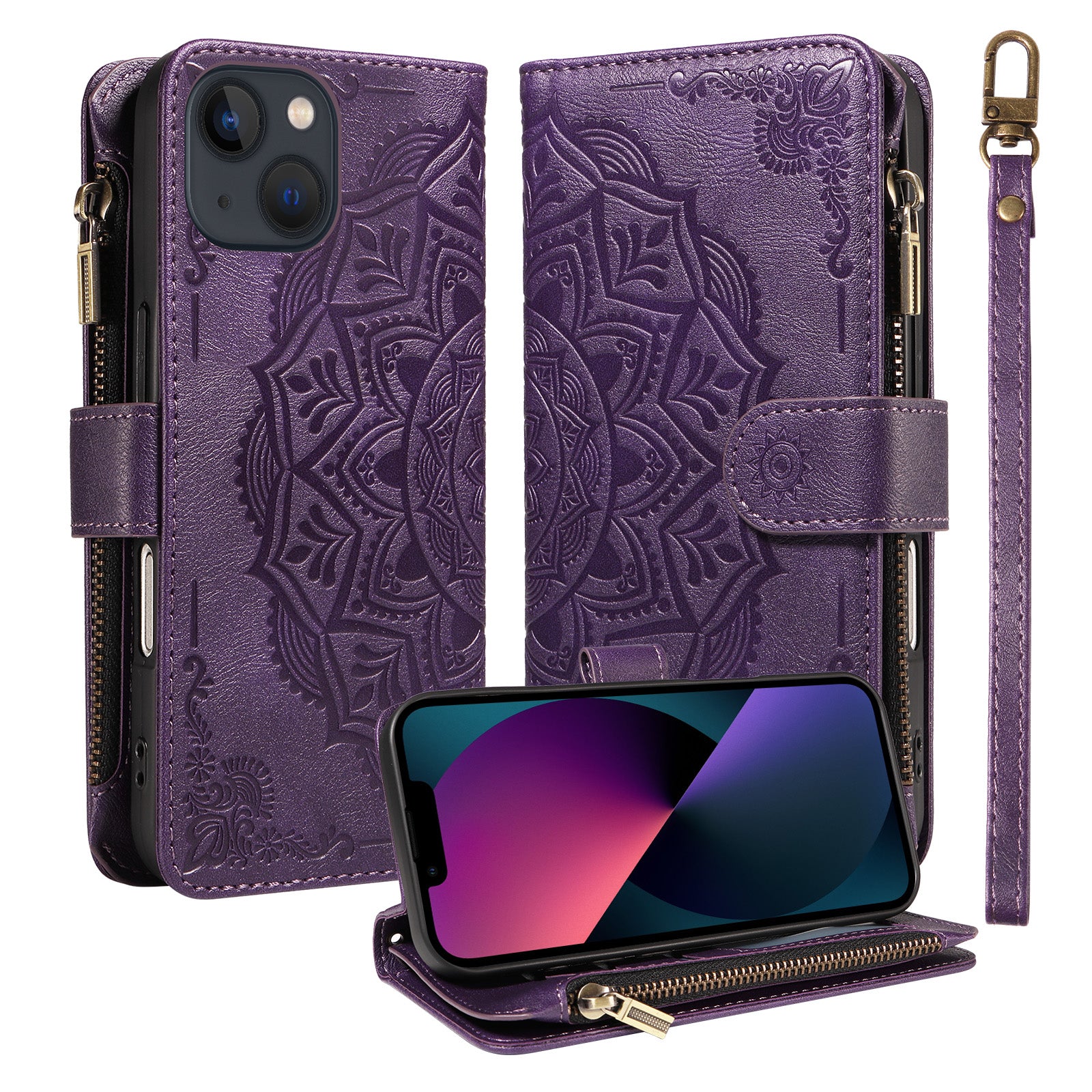 Til iPhone 13 Pung Etui 9 Kortlommer RFID Blokerende Mandala Præget Læder Flip Cover med Håndrem
