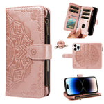 For iPhone 14 Pro Max Wallet Case 9 Card Slots RFID Blocking Mandala Embossed Leather Flip Cover with Wrist Strap
