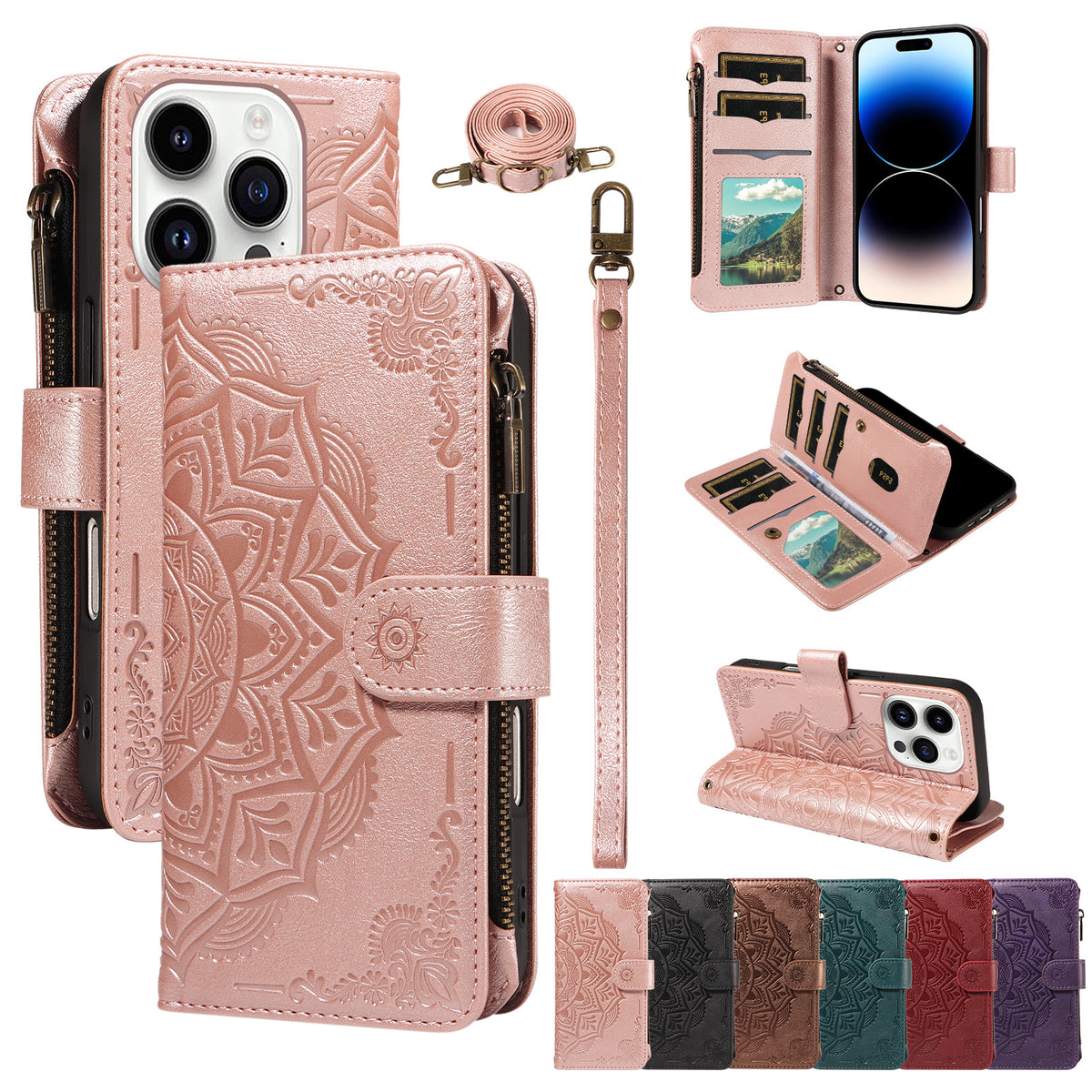 For iPhone 14 Pro Max Wallet Case 9 Card Slots RFID Blocking Mandala Embossed Leather Flip Cover with Wrist Strap