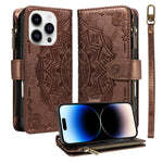 For iPhone 14 Pro Max Wallet Case 9 Card Slots RFID Blocking Mandala Embossed Leather Flip Cover with Wrist Strap