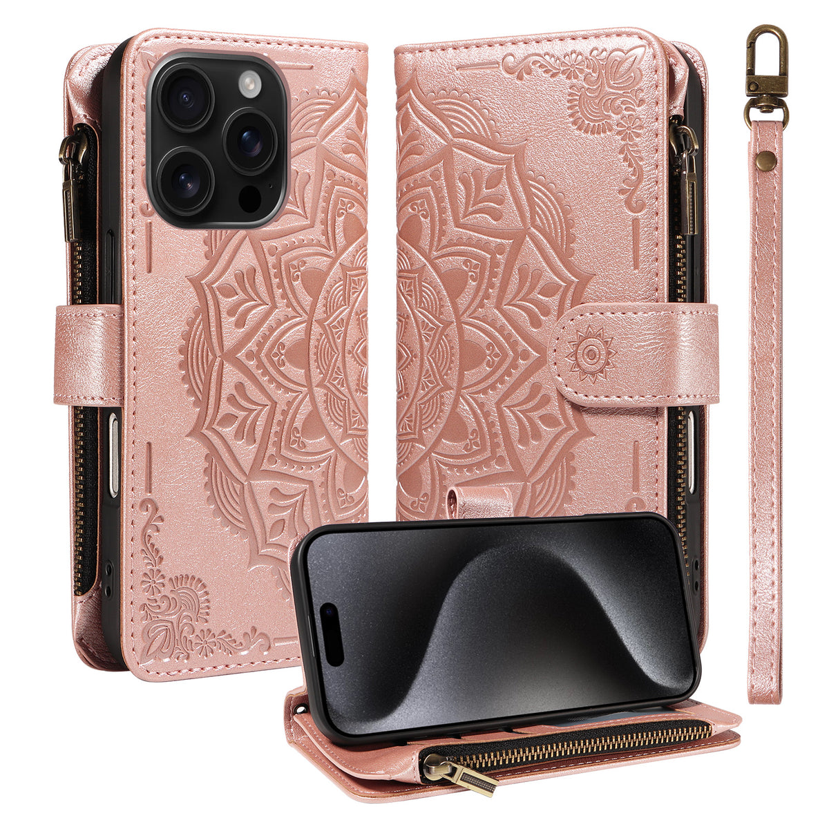 Til iPhone 15 Pro pung-etui, 9 kortlommer, RFID-blokerende, Mandala-præget læder-flipcover med håndledsrem