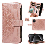Til iPhone 15 Pro pung-etui, 9 kortlommer, RFID-blokerende, Mandala-præget læder-flipcover med håndledsrem
