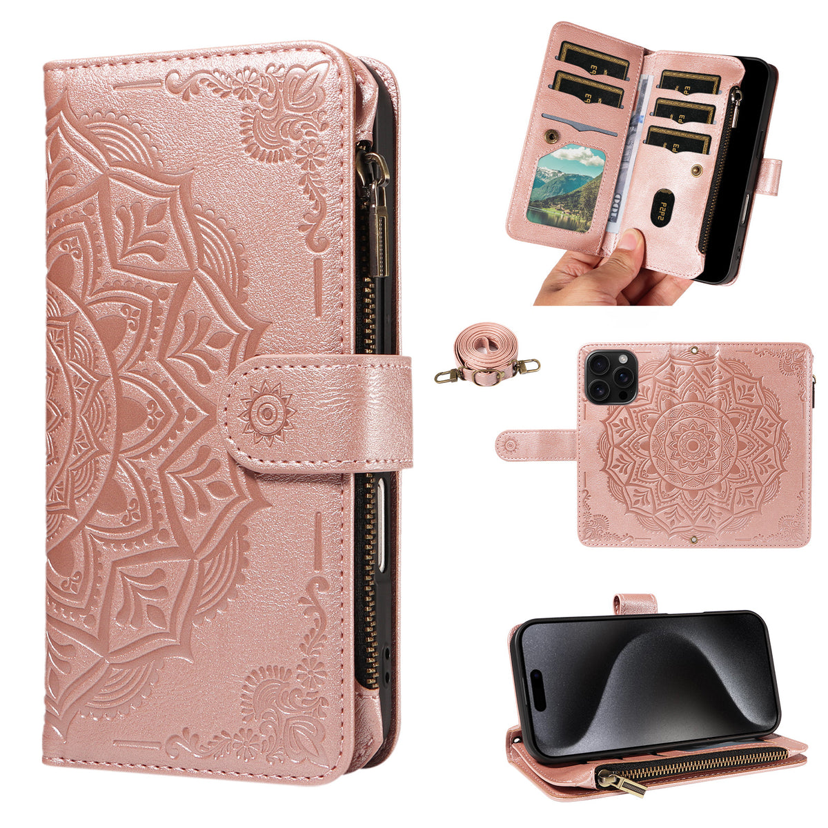 Til iPhone 15 Pro pung-etui, 9 kortlommer, RFID-blokerende, Mandala-præget læder-flipcover med håndledsrem