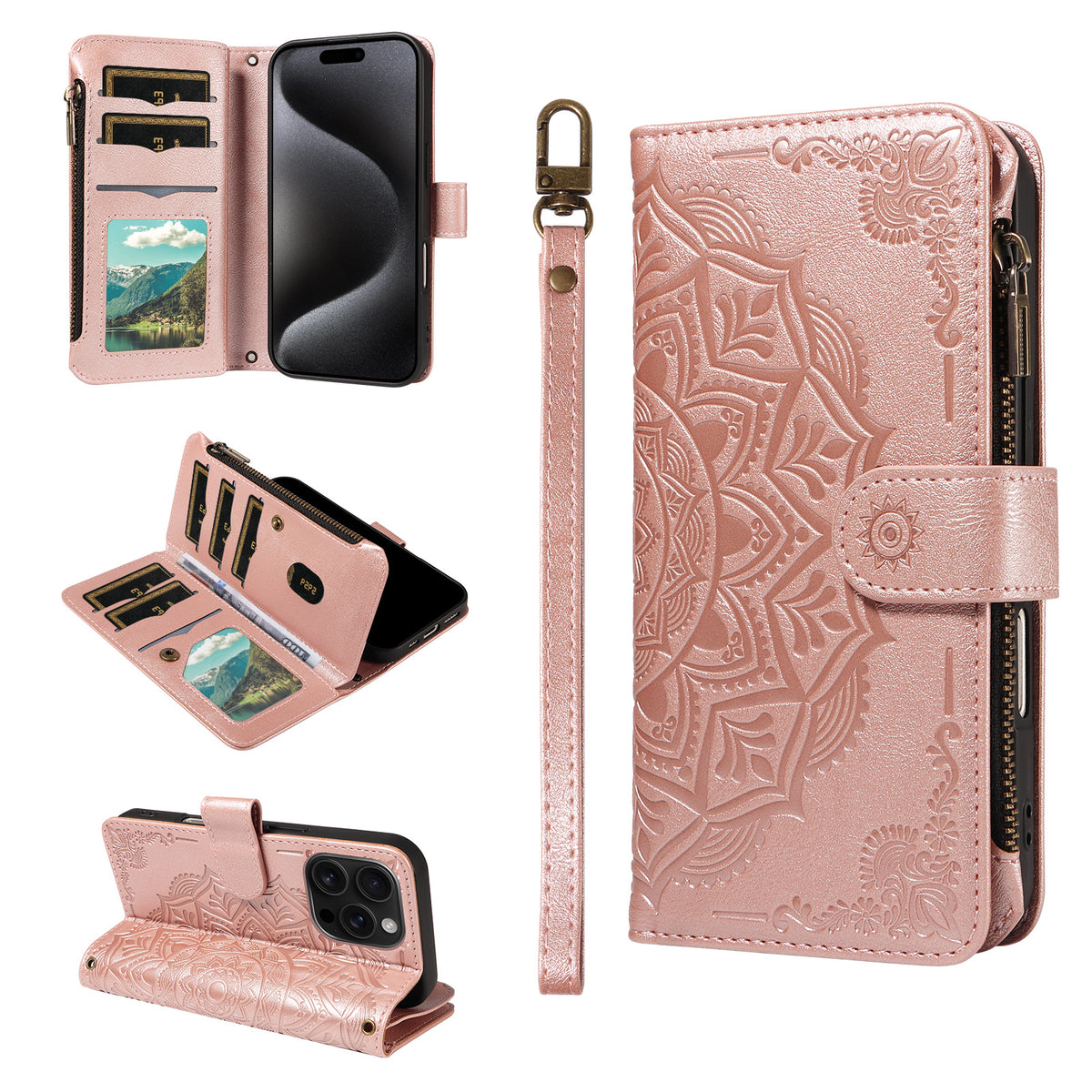 Til iPhone 15 Pro pung-etui, 9 kortlommer, RFID-blokerende, Mandala-præget læder-flipcover med håndledsrem