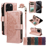 Til iPhone 15 Pro pung-etui, 9 kortlommer, RFID-blokerende, Mandala-præget læder-flipcover med håndledsrem