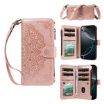 Til iPhone 15 Pro pung-etui, 9 kortlommer, RFID-blokerende, Mandala-præget læder-flipcover med håndledsrem