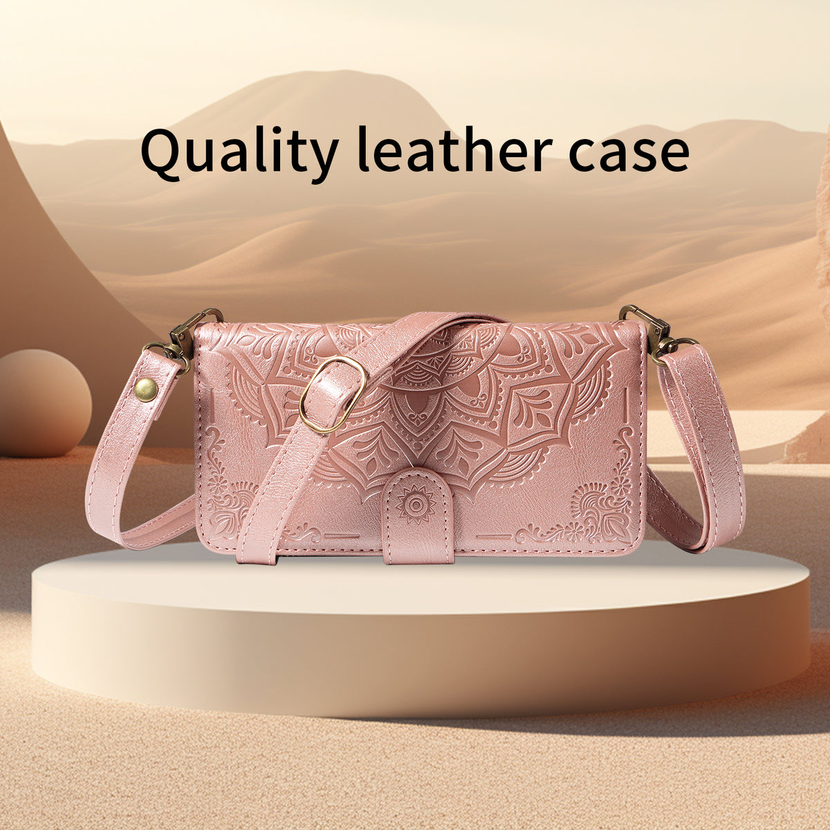Til iPhone 15 Pro pung-etui, 9 kortlommer, RFID-blokerende, Mandala-præget læder-flipcover med håndledsrem