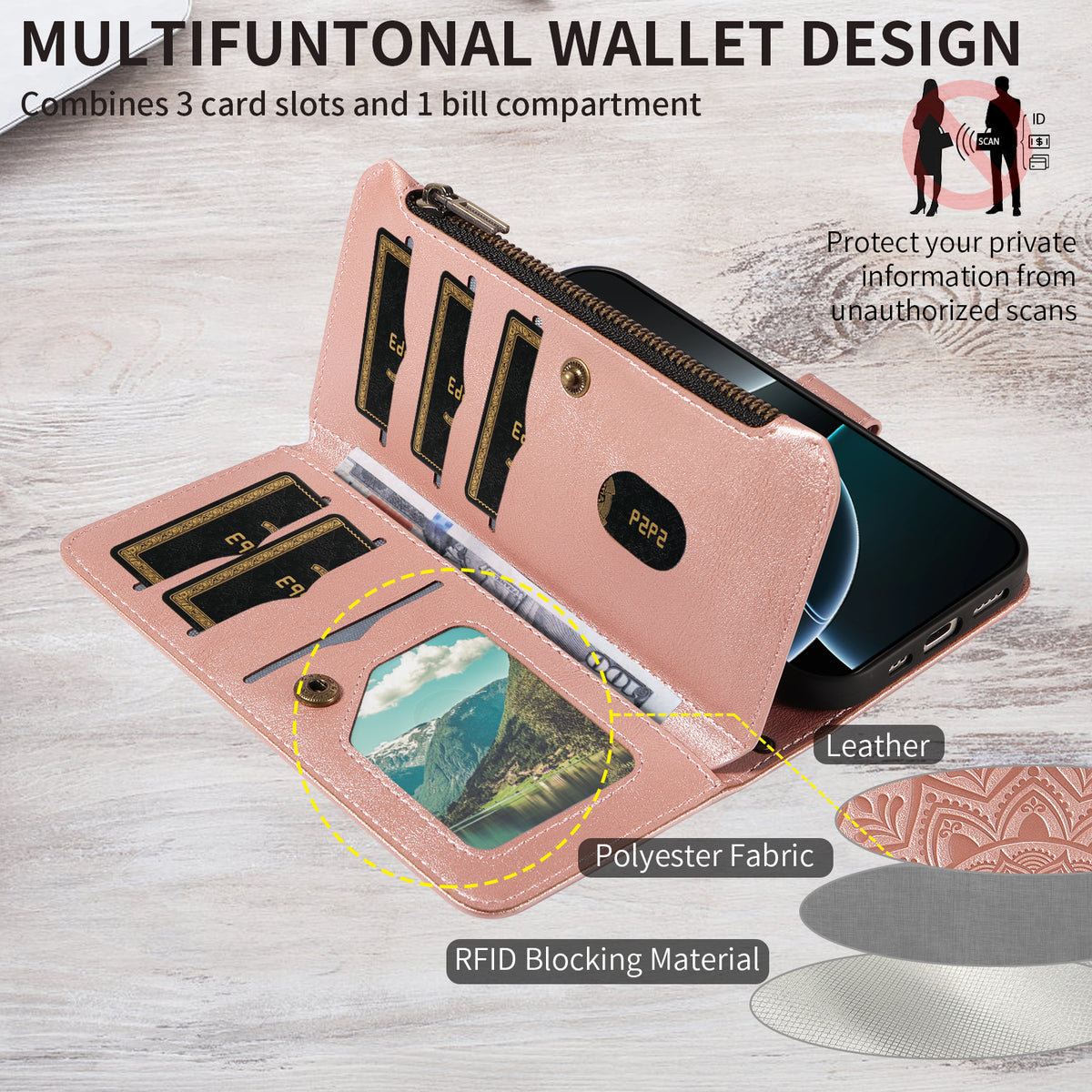 Til iPhone 15 Pro pung-etui, 9 kortlommer, RFID-blokerende, Mandala-præget læder-flipcover med håndledsrem