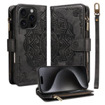 Til iPhone 15 Pro pung-etui, 9 kortlommer, RFID-blokerende, Mandala-præget læder-flipcover med håndledsrem