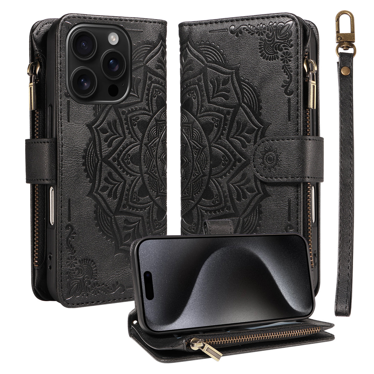 Til iPhone 15 Pro pung-etui, 9 kortlommer, RFID-blokerende, Mandala-præget læder-flipcover med håndledsrem