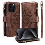 Til iPhone 15 Pro pung-etui, 9 kortlommer, RFID-blokerende, Mandala-præget læder-flipcover med håndledsrem