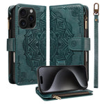Til iPhone 15 Pro pung-etui, 9 kortlommer, RFID-blokerende, Mandala-præget læder-flipcover med håndledsrem
