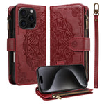 Til iPhone 15 Pro pung-etui, 9 kortlommer, RFID-blokerende, Mandala-præget læder-flipcover med håndledsrem