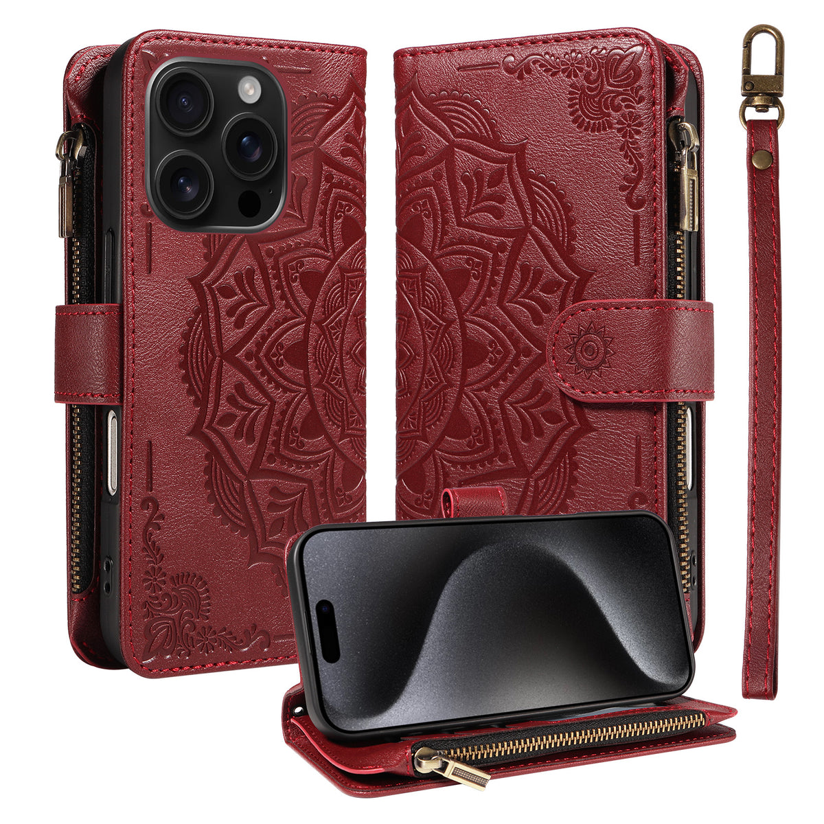 Til iPhone 15 Pro pung-etui, 9 kortlommer, RFID-blokerende, Mandala-præget læder-flipcover med håndledsrem