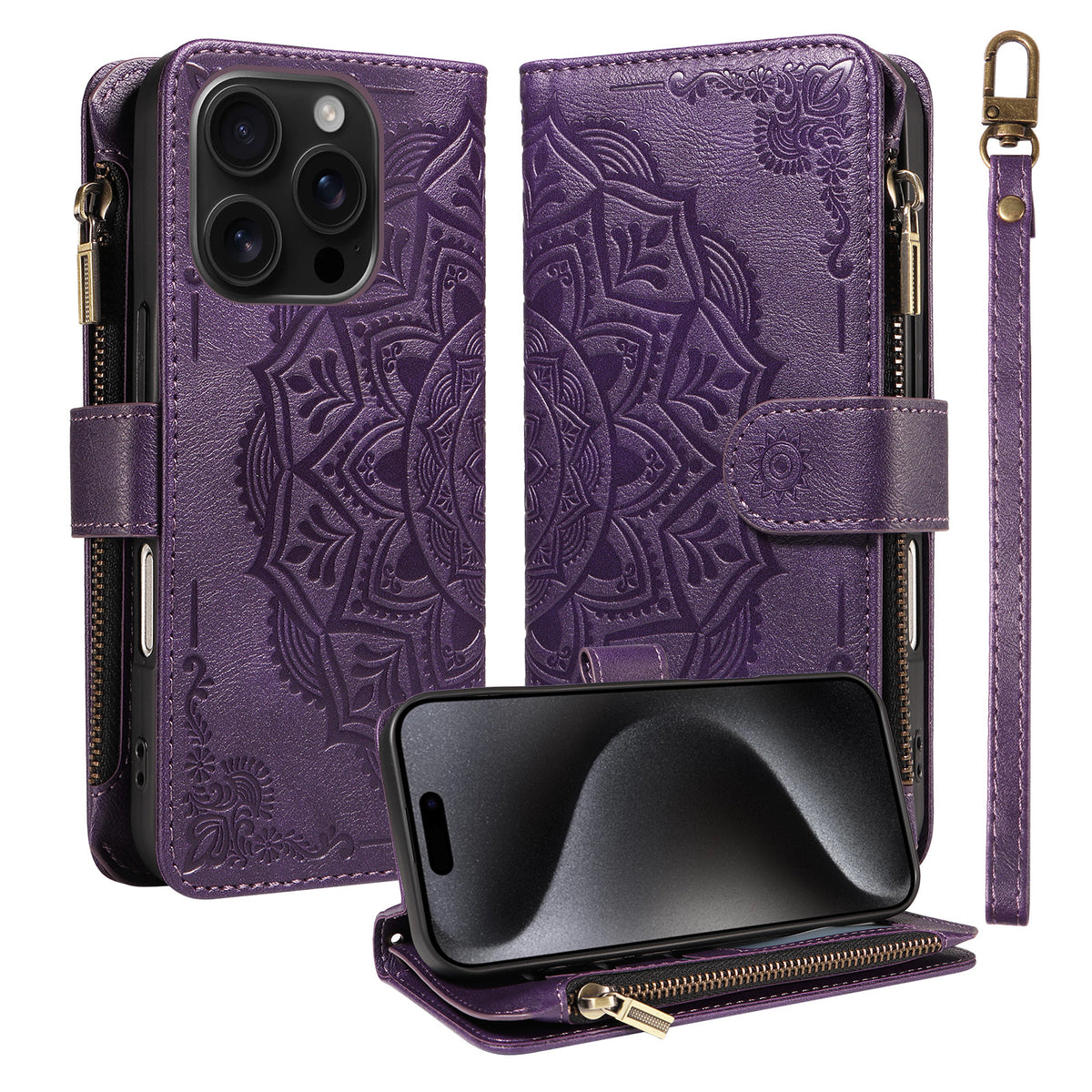 Til iPhone 15 Pro pung-etui, 9 kortlommer, RFID-blokerende, Mandala-præget læder-flipcover med håndledsrem