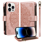 Til iPhone 14 Pro Pung Etui med 9 Kortlommer, RFID-blokerende Mandala Præget Læder Flipcover med Håndledsrem