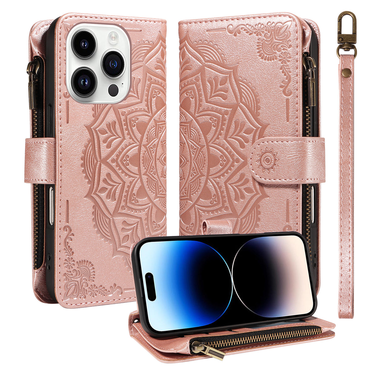 Til iPhone 14 Pro Pung Etui med 9 Kortlommer, RFID-blokerende Mandala Præget Læder Flipcover med Håndledsrem