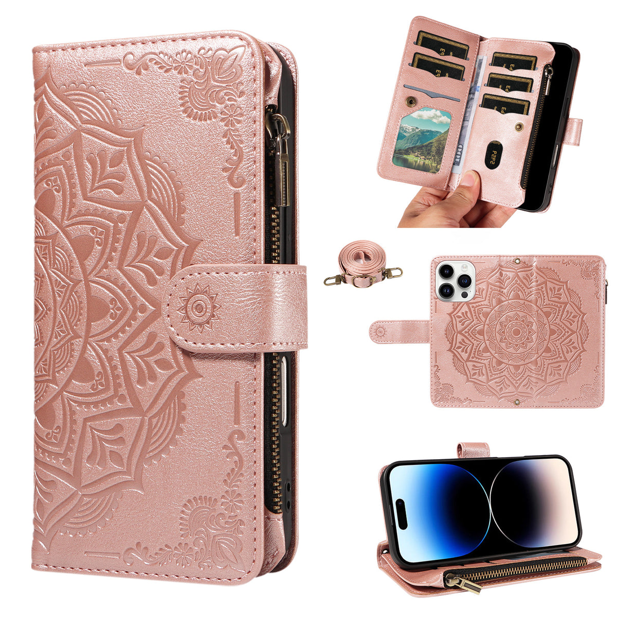 Til iPhone 14 Pro Pung Etui med 9 Kortlommer, RFID-blokerende Mandala Præget Læder Flipcover med Håndledsrem
