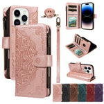 Til iPhone 14 Pro Pung Etui med 9 Kortlommer, RFID-blokerende Mandala Præget Læder Flipcover med Håndledsrem