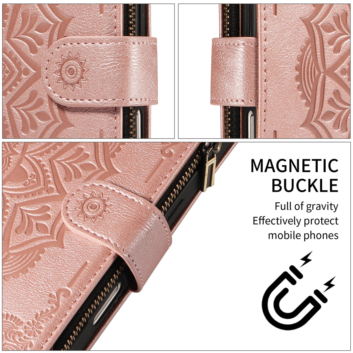 Til iPhone 14 Pro Pung Etui med 9 Kortlommer, RFID-blokerende Mandala Præget Læder Flipcover med Håndledsrem