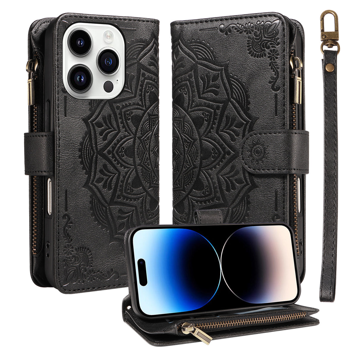 Til iPhone 14 Pro Pung Etui med 9 Kortlommer, RFID-blokerende Mandala Præget Læder Flipcover med Håndledsrem
