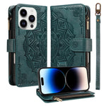 Til iPhone 14 Pro Pung Etui med 9 Kortlommer, RFID-blokerende Mandala Præget Læder Flipcover med Håndledsrem
