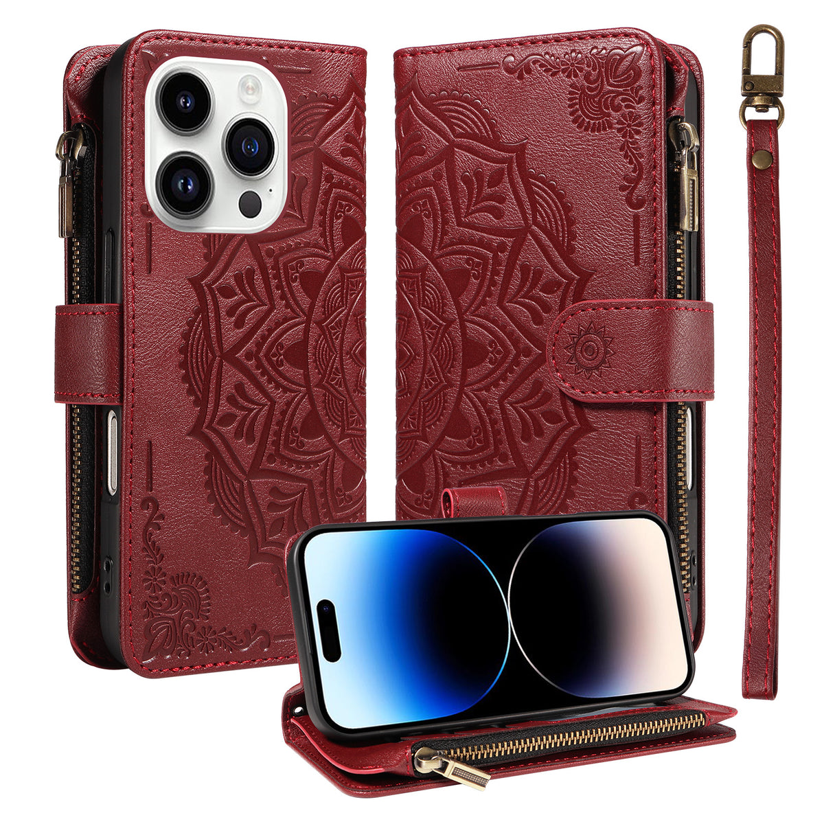 Til iPhone 14 Pro Pung Etui med 9 Kortlommer, RFID-blokerende Mandala Præget Læder Flipcover med Håndledsrem