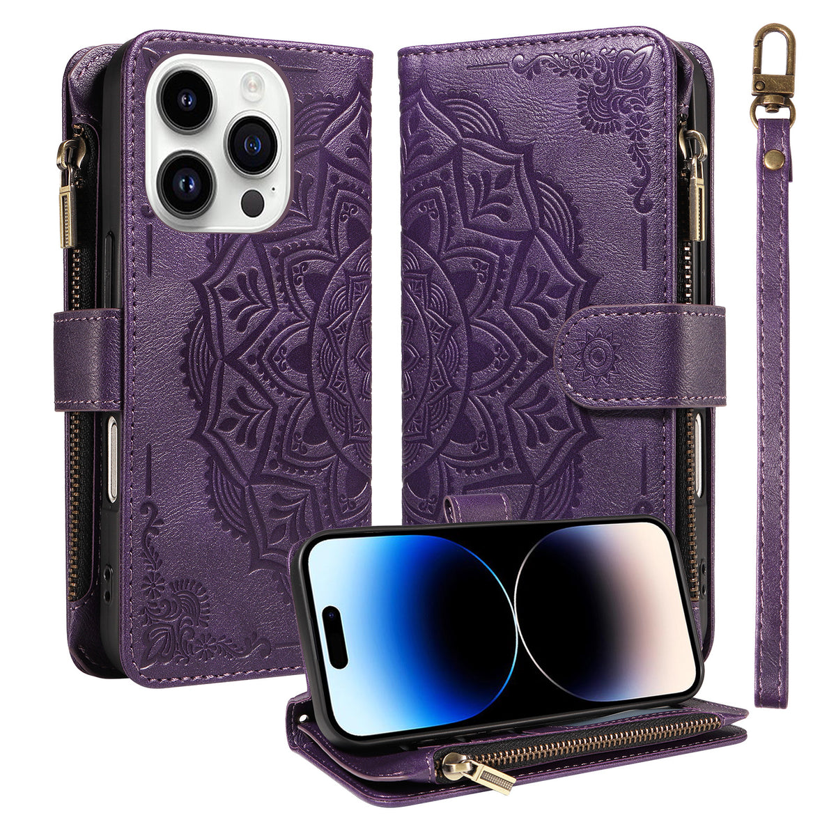 Til iPhone 14 Pro Pung Etui med 9 Kortlommer, RFID-blokerende Mandala Præget Læder Flipcover med Håndledsrem