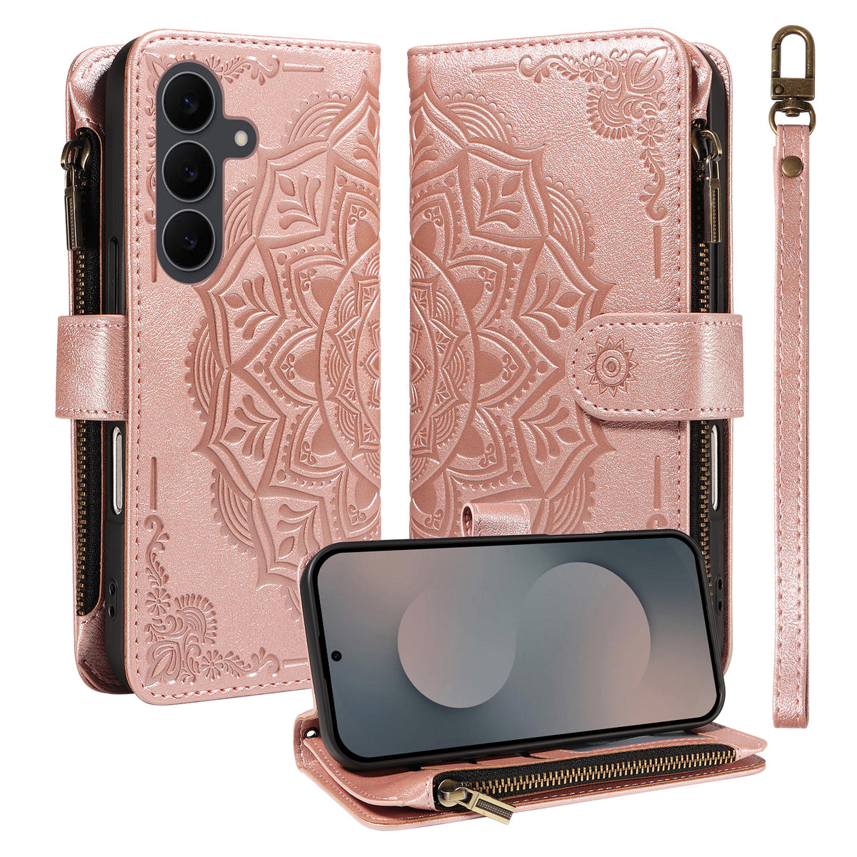 For Samsung Galaxy S25 FE Wallet Case 9 Card Slots RFID Blocking Mandala Embossed Leather Flip Cover with Wrist Strap
