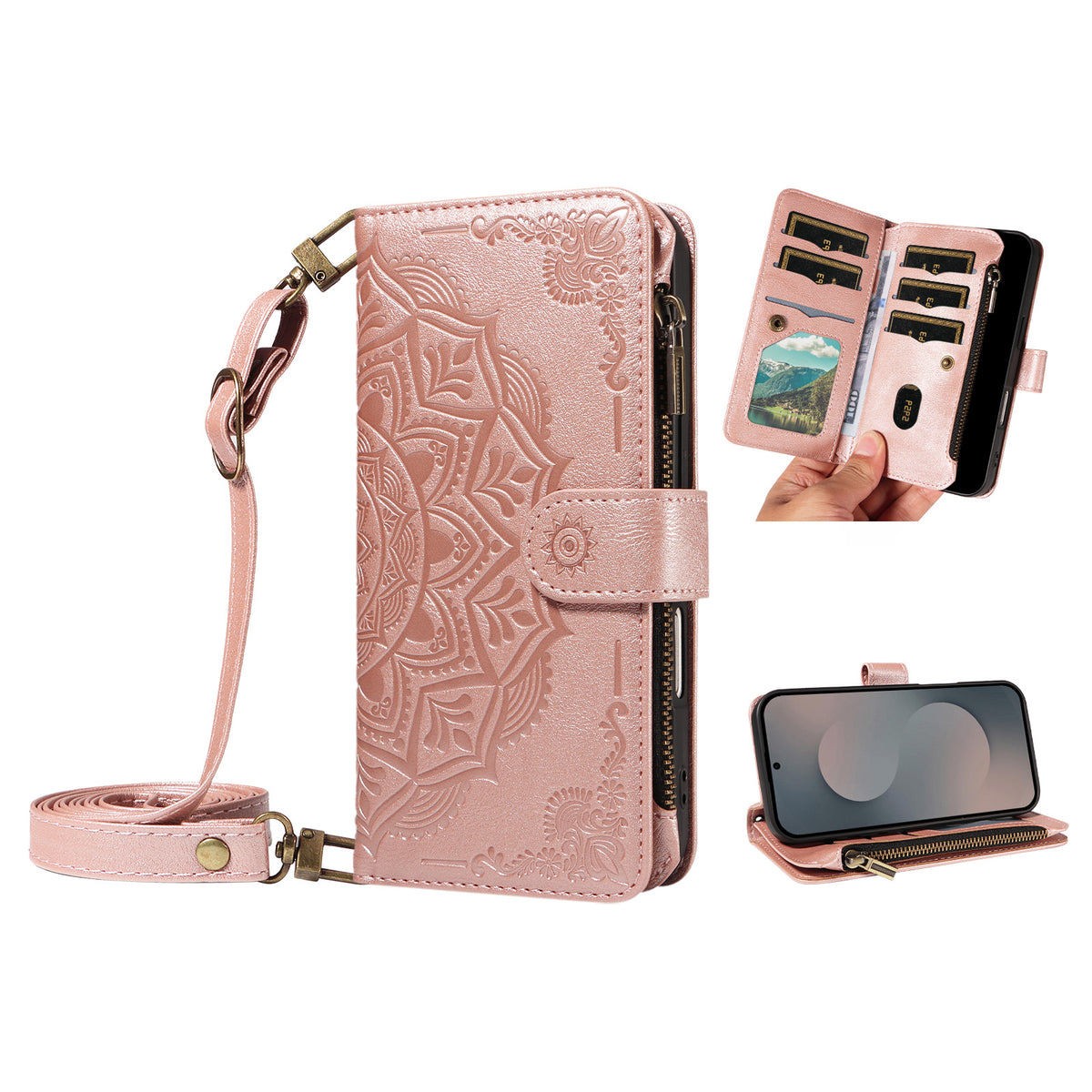 For Samsung Galaxy S25 FE Wallet Case 9 Card Slots RFID Blocking Mandala Embossed Leather Flip Cover with Wrist Strap
