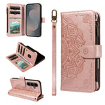 For Samsung Galaxy S25 FE Wallet Case 9 Card Slots RFID Blocking Mandala Embossed Leather Flip Cover with Wrist Strap