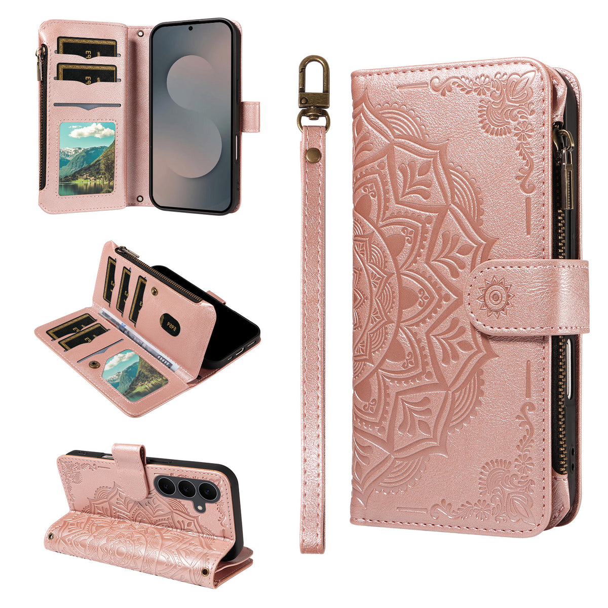 For Samsung Galaxy S25 FE Wallet Case 9 Card Slots RFID Blocking Mandala Embossed Leather Flip Cover with Wrist Strap