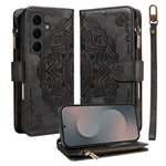 For Samsung Galaxy S25 FE Wallet Case 9 Card Slots RFID Blocking Mandala Embossed Leather Flip Cover with Wrist Strap