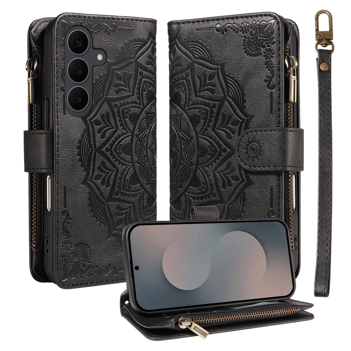 For Samsung Galaxy S25 FE Wallet Case 9 Card Slots RFID Blocking Mandala Embossed Leather Flip Cover with Wrist Strap