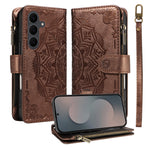 For Samsung Galaxy S25 FE Wallet Case 9 Card Slots RFID Blocking Mandala Embossed Leather Flip Cover with Wrist Strap