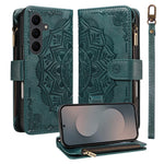 For Samsung Galaxy S25 FE Wallet Case 9 Card Slots RFID Blocking Mandala Embossed Leather Flip Cover with Wrist Strap