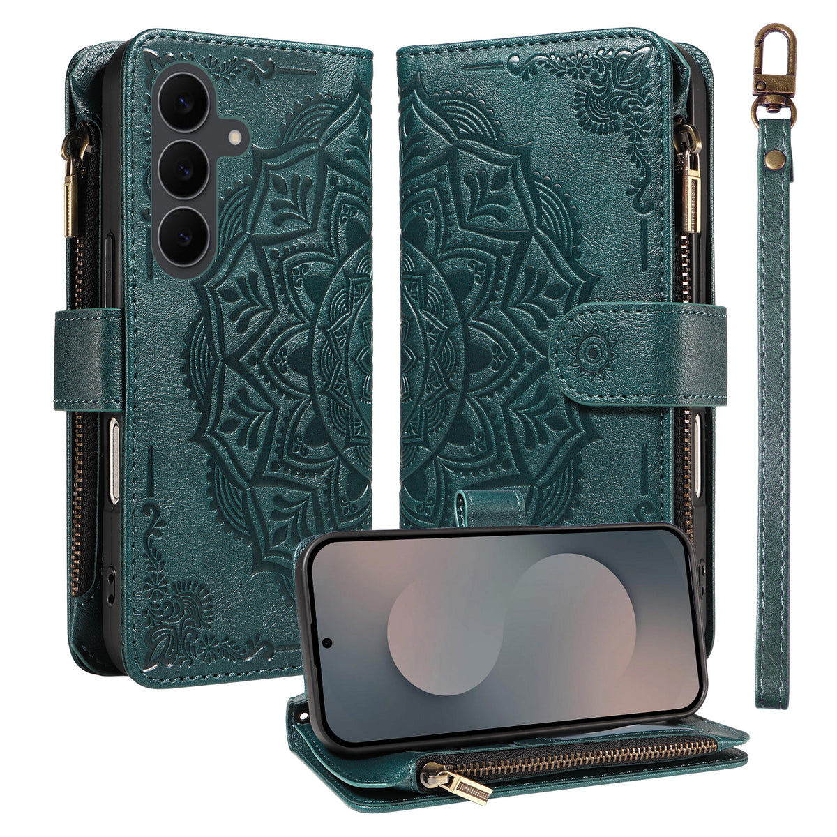 For Samsung Galaxy S25 FE Wallet Case 9 Card Slots RFID Blocking Mandala Embossed Leather Flip Cover with Wrist Strap