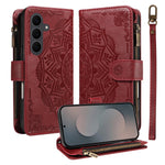 For Samsung Galaxy S25 FE Wallet Case 9 Card Slots RFID Blocking Mandala Embossed Leather Flip Cover with Wrist Strap