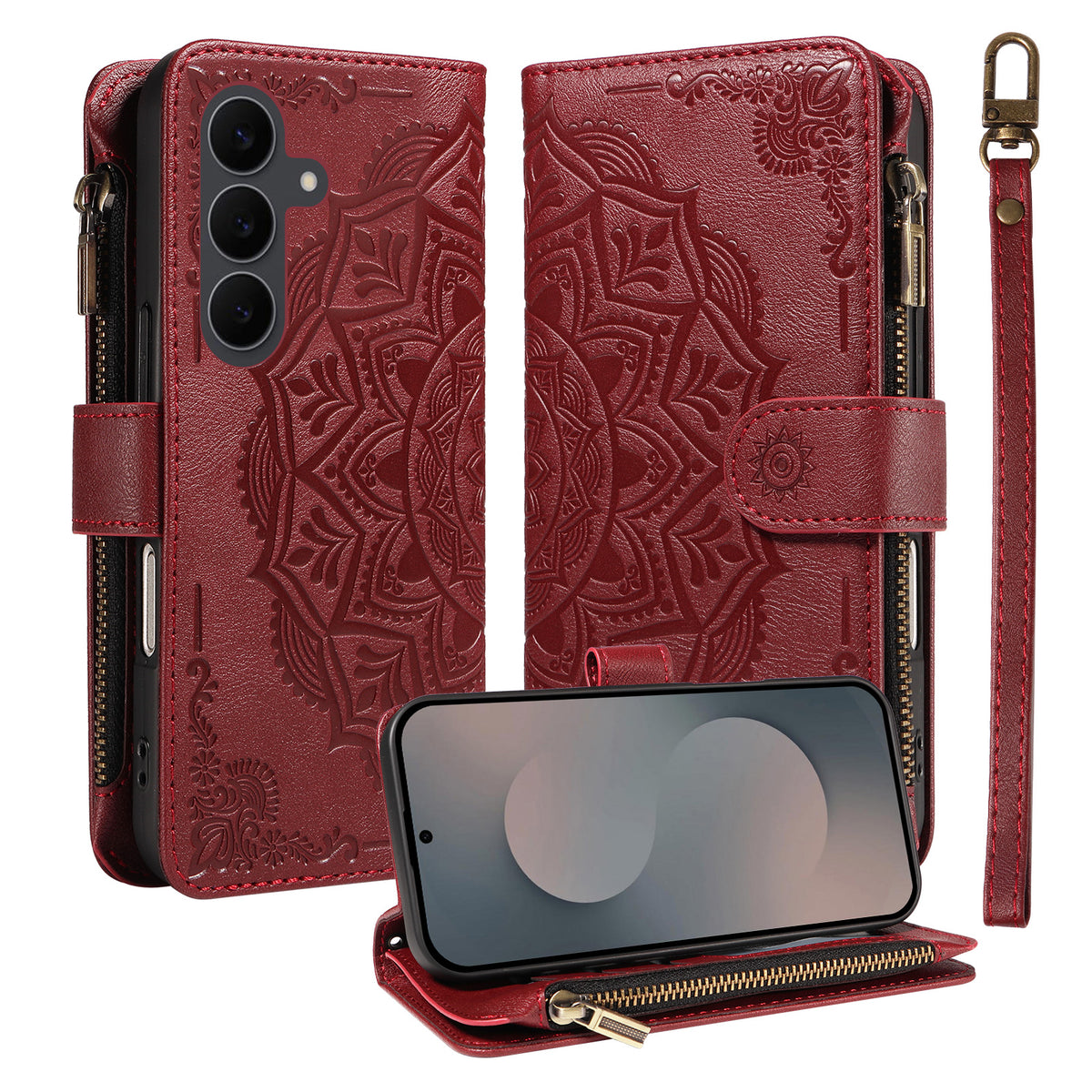 For Samsung Galaxy S25 FE Wallet Case 9 Card Slots RFID Blocking Mandala Embossed Leather Flip Cover with Wrist Strap