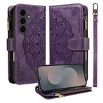 For Samsung Galaxy S25 FE Wallet Case 9 Card Slots RFID Blocking Mandala Embossed Leather Flip Cover with Wrist Strap