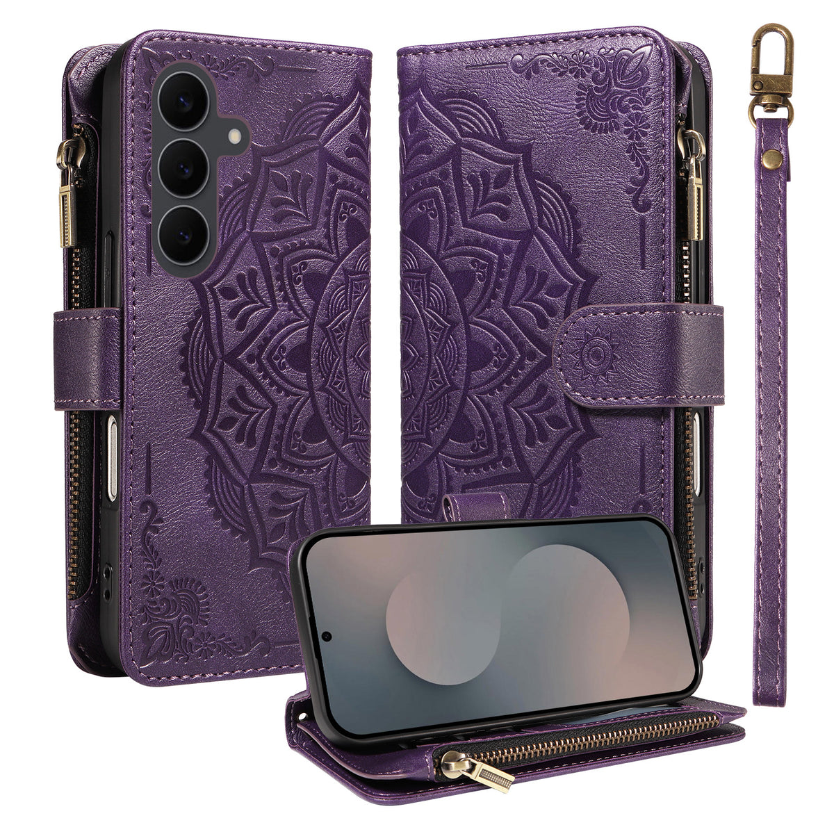 For Samsung Galaxy S25 FE Wallet Case 9 Card Slots RFID Blocking Mandala Embossed Leather Flip Cover with Wrist Strap