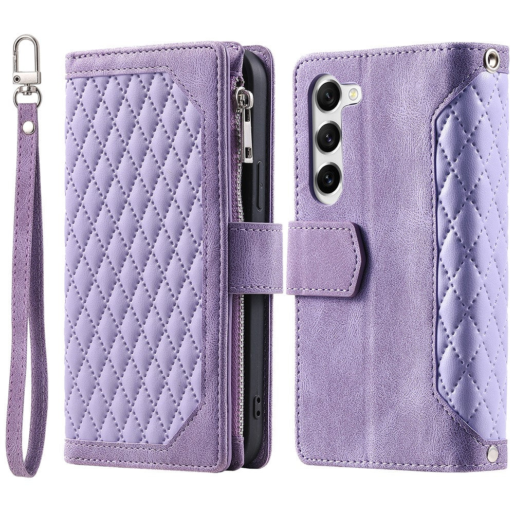 Samsung Galaxy S23 005 Style Rhombus Präglat Plånboksfodral PU-läder Magnetisk stängning Handväska Blixtlåsficka Stativ Flip mobilfodral med Rem