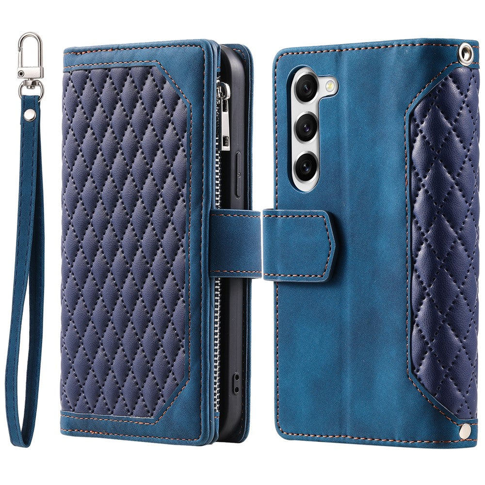 Samsung Galaxy S23 005 Style Rhombus Präglat Plånboksfodral PU-läder Magnetisk stängning Handväska Blixtlåsficka Stativ Flip mobilfodral med Rem
