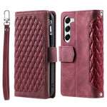 Samsung Galaxy S23 005 Style Rhombus Präglat Plånboksfodral PU-läder Magnetisk stängning Handväska Blixtlåsficka Stativ Flip mobilfodral med Rem