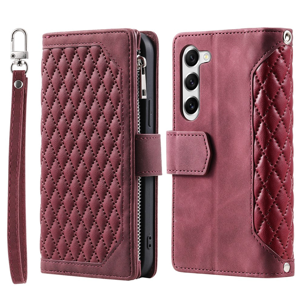 Samsung Galaxy S23 005 Style Rhombus Präglat Plånboksfodral PU-läder Magnetisk stängning Handväska Blixtlåsficka Stativ Flip mobilfodral med Rem