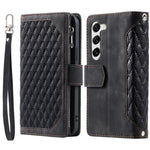 Samsung Galaxy S23 005 Style Rhombus Präglat Plånboksfodral PU-läder Magnetisk stängning Handväska Blixtlåsficka Stativ Flip mobilfodral med Rem