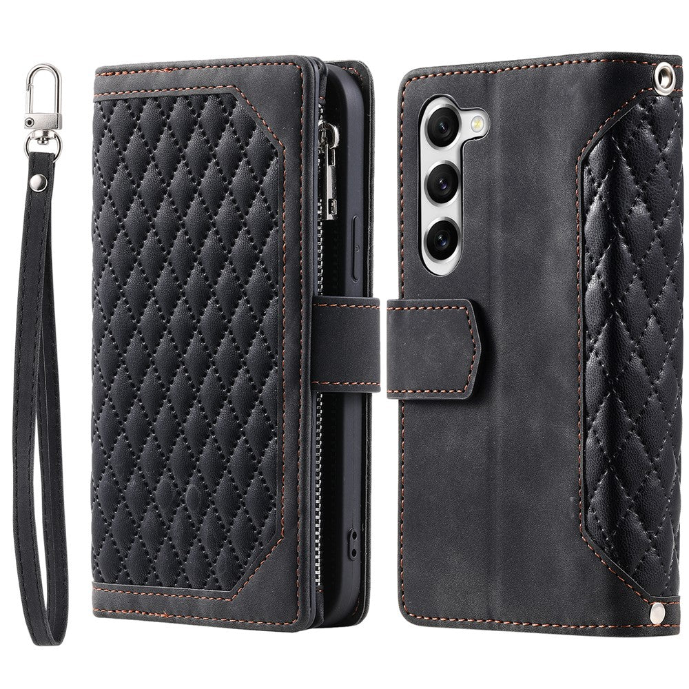 Samsung Galaxy S23 005 Style Rhombus Präglat Plånboksfodral PU-läder Magnetisk stängning Handväska Blixtlåsficka Stativ Flip mobilfodral med Rem