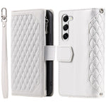 Samsung Galaxy S23 005 Style Rhombus Präglat Plånboksfodral PU-läder Magnetisk stängning Handväska Blixtlåsficka Stativ Flip mobilfodral med Rem