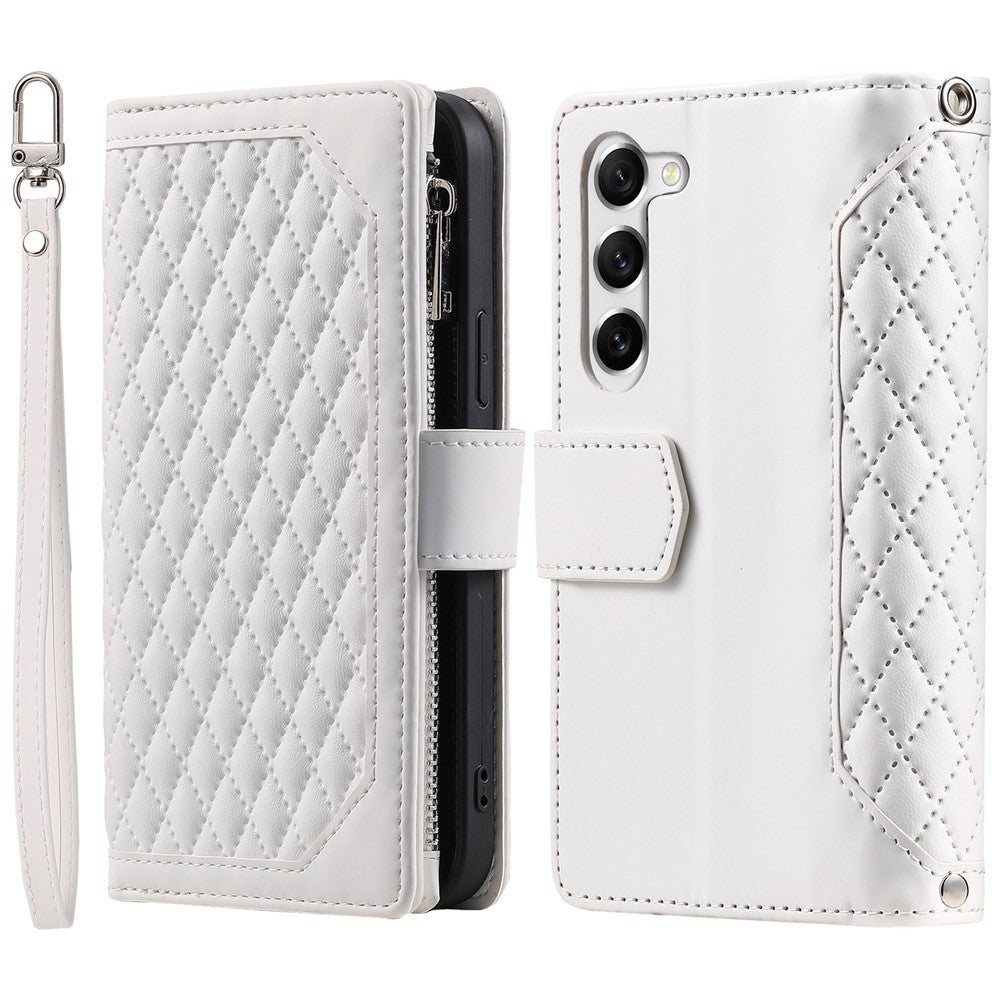 Samsung Galaxy S23 005 Style Rhombus Präglat Plånboksfodral PU-läder Magnetisk stängning Handväska Blixtlåsficka Stativ Flip mobilfodral med Rem